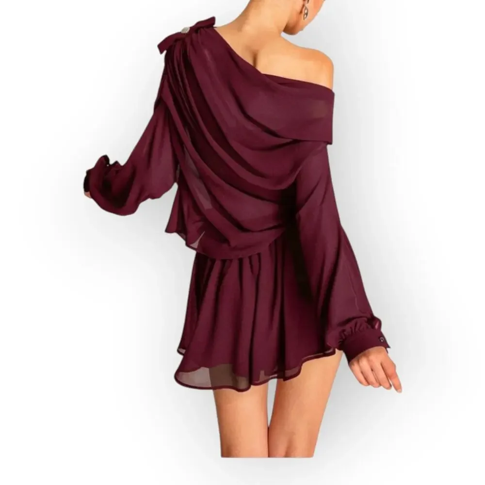 Commense Burgundy Chiffon One Shoulder Top & Skirt Set – Romantic Parisian Bow
